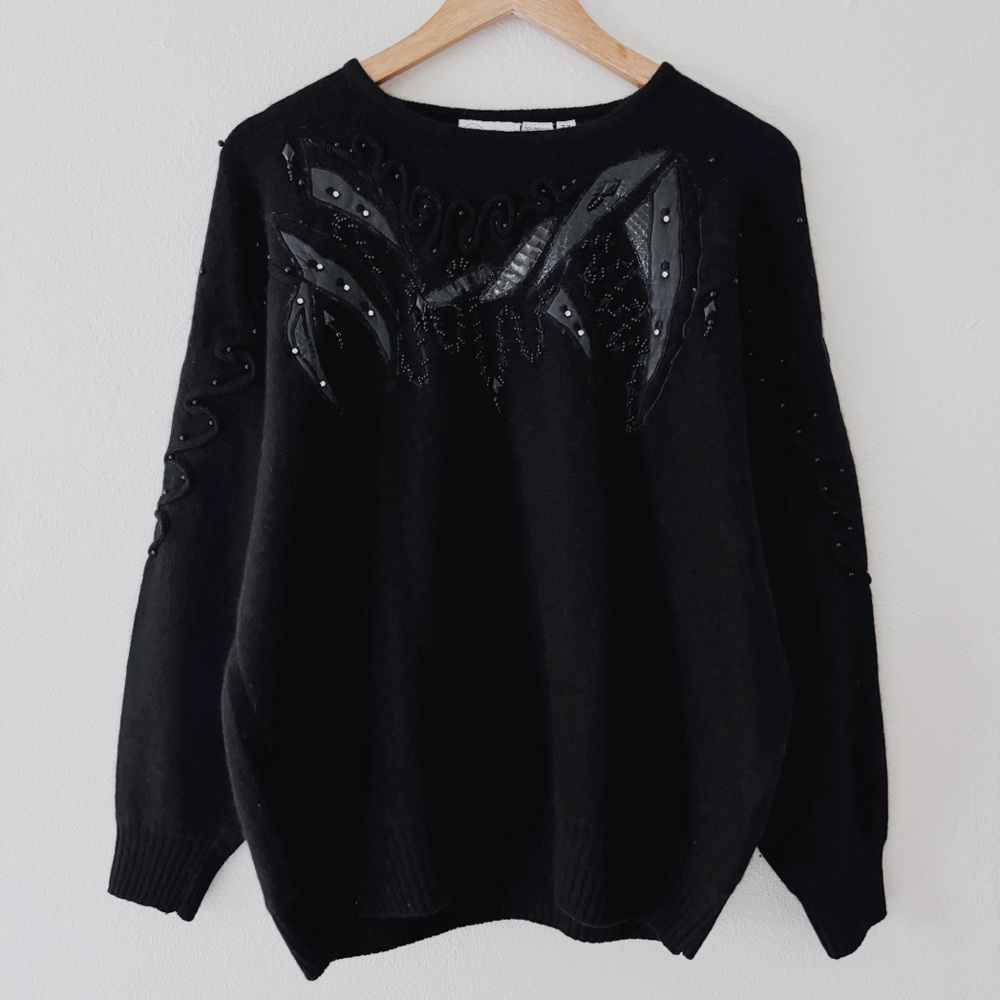 80s VINTAGE LAMBSWOOL & ANGORA BLEND SWEATER W/ LEATHER & SNAKESKIN PATCHWORK